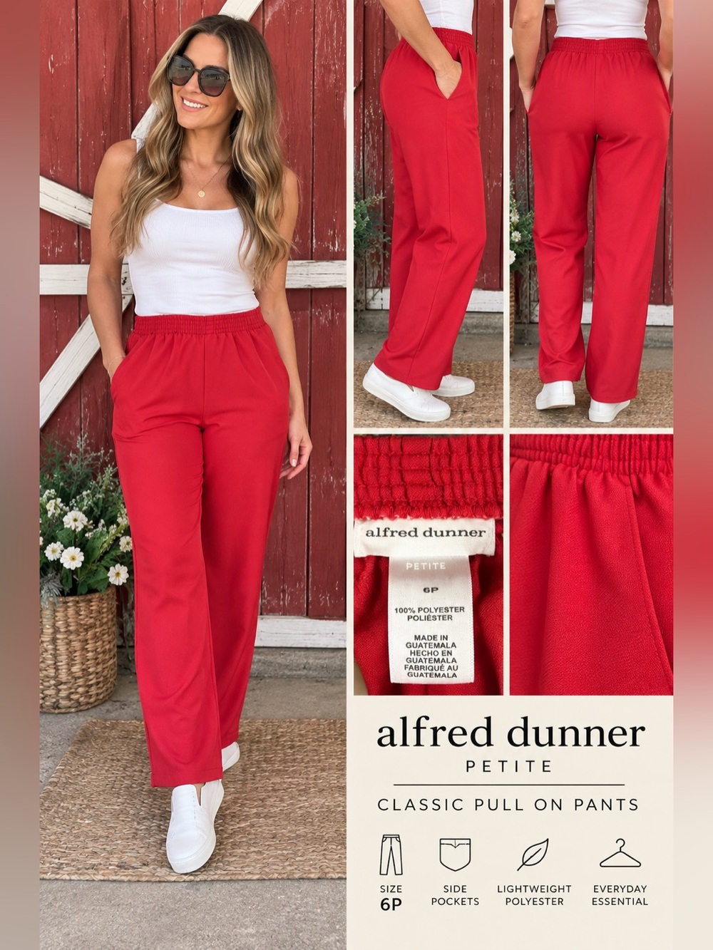 Alfred Dunner Petite Red Pull On Straight Leg Pants Size 6P